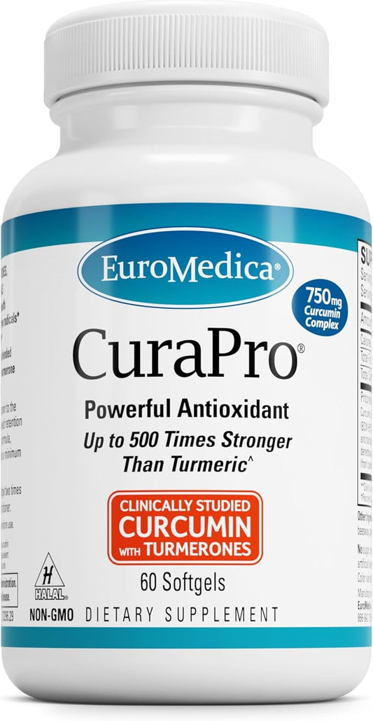 Euromedica CuraPro High Potency Turmeric Curcumin Softgels - 750mg, 60 Count - Liver, Brain, Heart & Immune Support