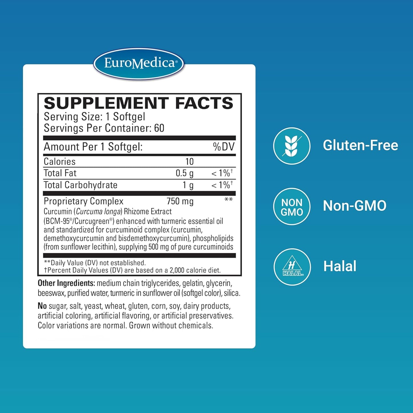 Euromedica CuraPro High Potency Turmeric Curcumin Softgels - 750mg, 60 Count - Liver, Brain, Heart & Immune Support