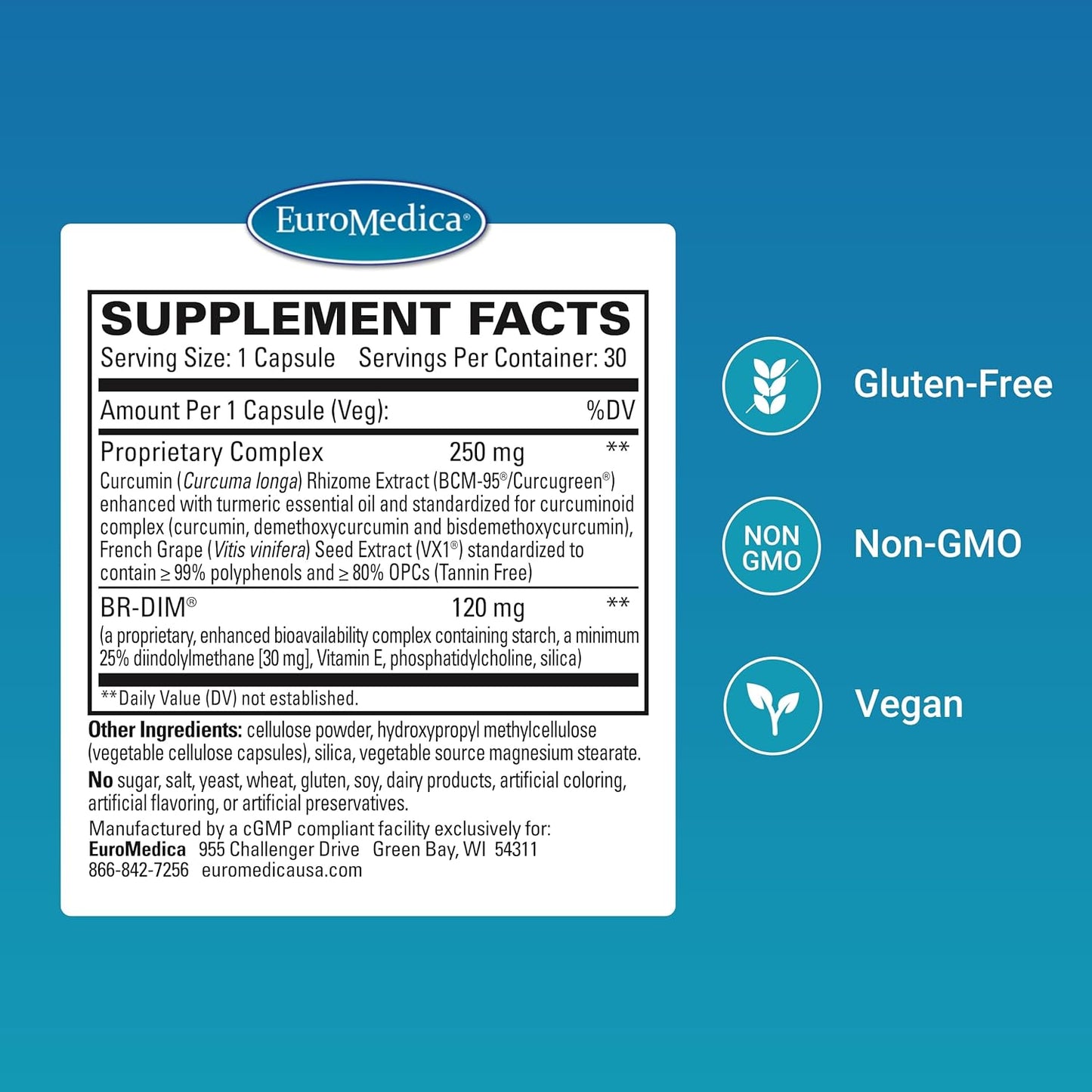 Euromedica DIM + Curcumin Capsules - Supports Healthy Estrogen Metabolism - BR-DIM, Curcumin & French Grape Seed - Non-GMO, Vegan - 30 Servings