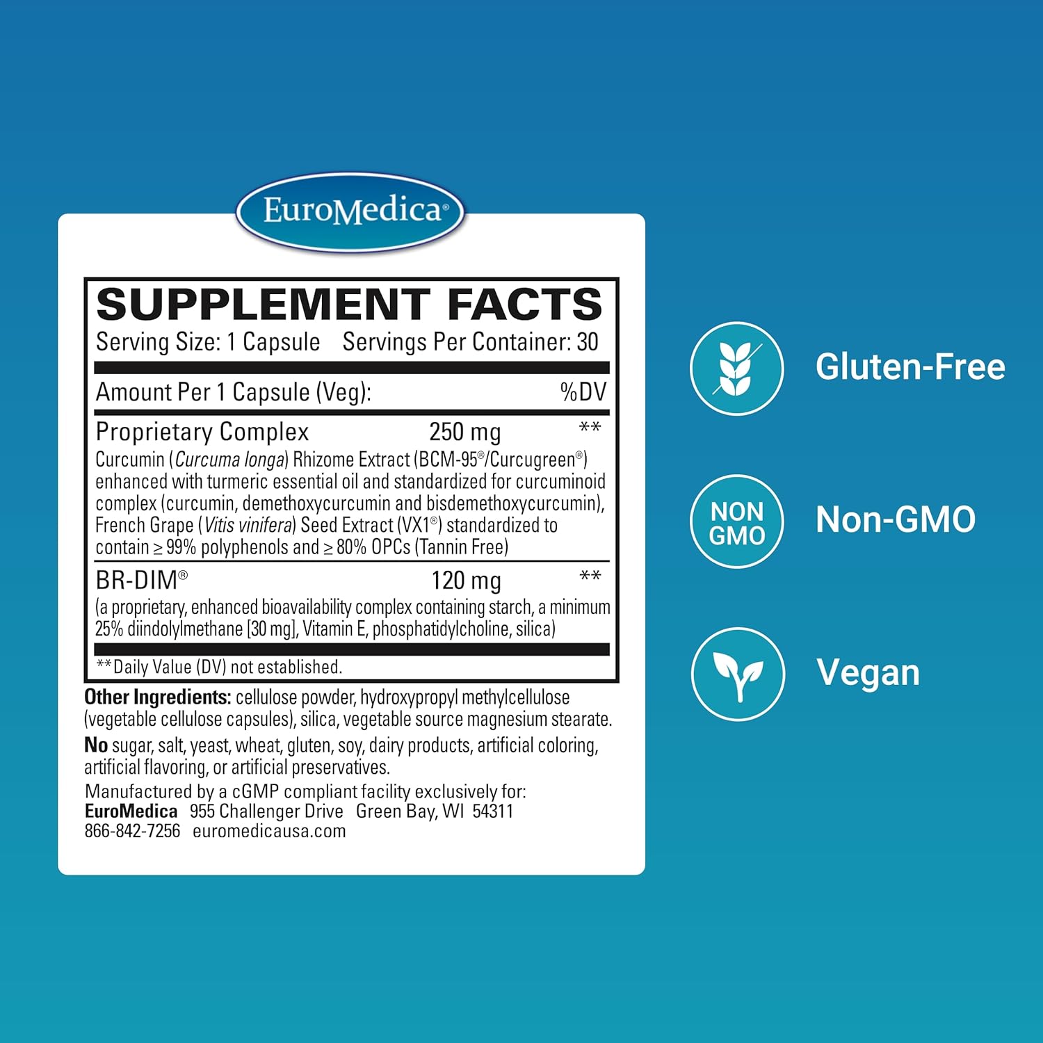 Euromedica DIM + Curcumin Capsules - Supports Healthy Estrogen Metabolism - BR-DIM, Curcumin & French Grape Seed - Non-GMO, Vegan - 30 Servings