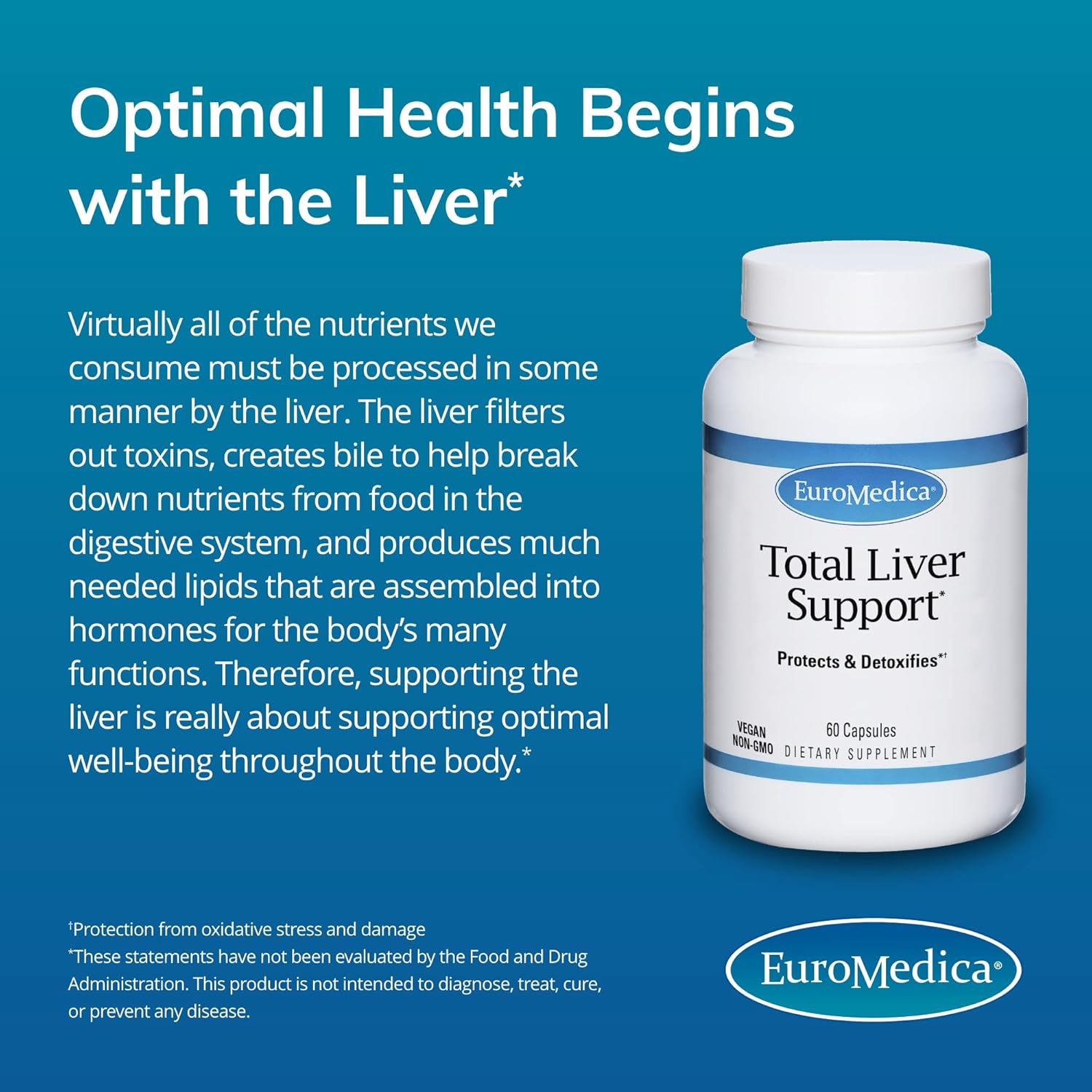 Euromedica Total Liver Support Capsules - 60 Count - Promotes Healthy Liver Function - Non-GMO, Vegan - 60 Servings
