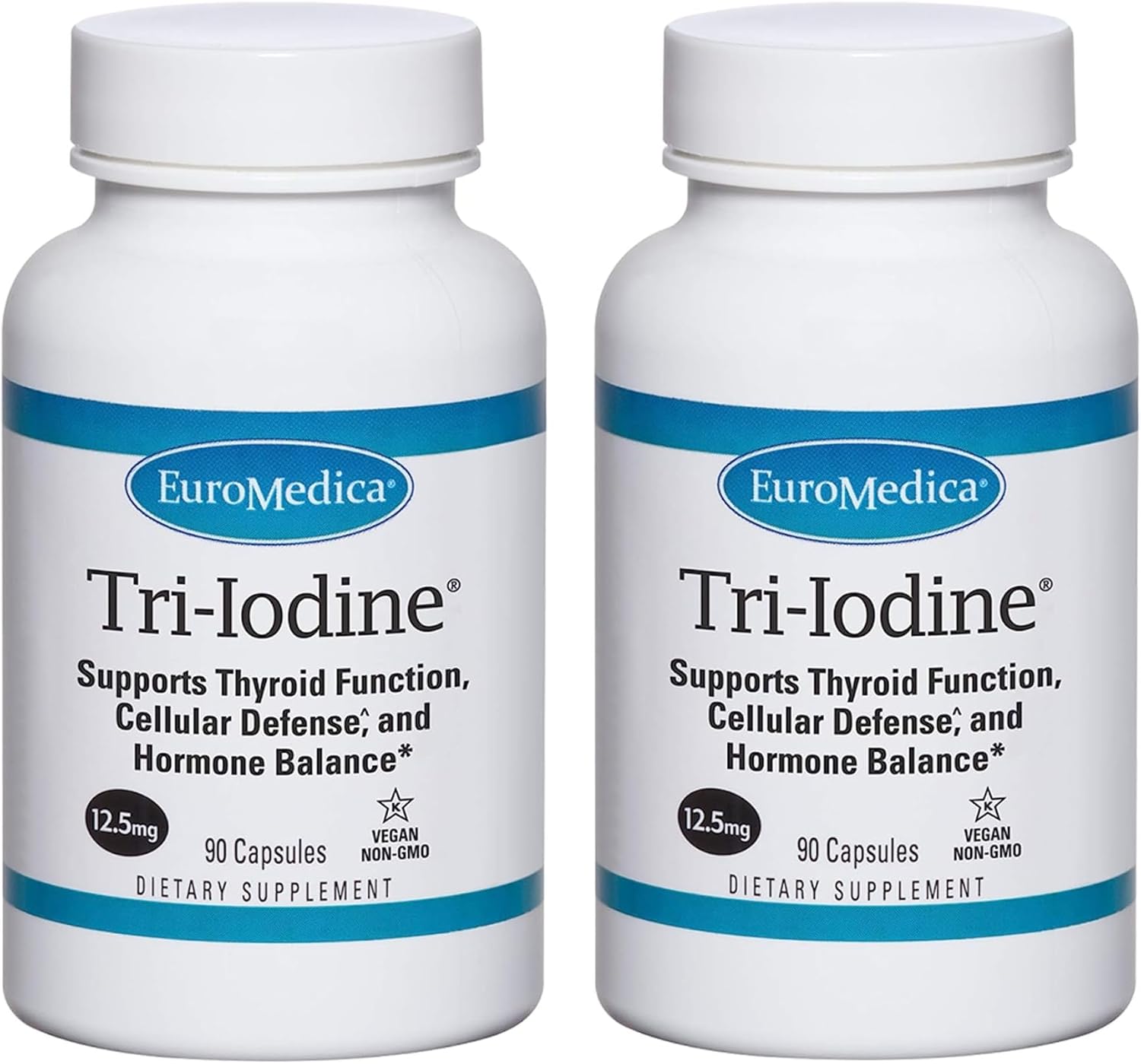 EuroMedica Tri-Iodine Capsules - 12.5mg, 90 Count (Pack of 2) - Potassium Iodide, Sodium Iodide, & Molecular Iodine - Supports Thyroid & Immune Health - 180 Servings