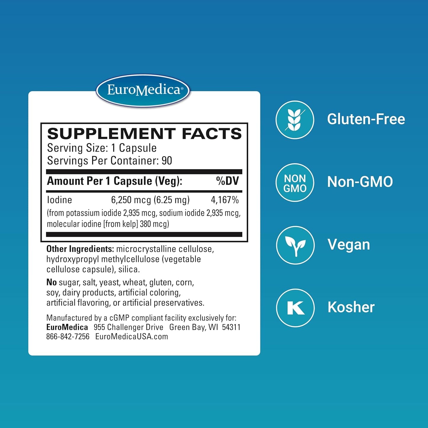 EuroMedica Tri-Iodine Capsules - 6.25mg Potassium, Sodium, and Molecular Iodine - Supports Thyroid & Immune Health - 90 Servings