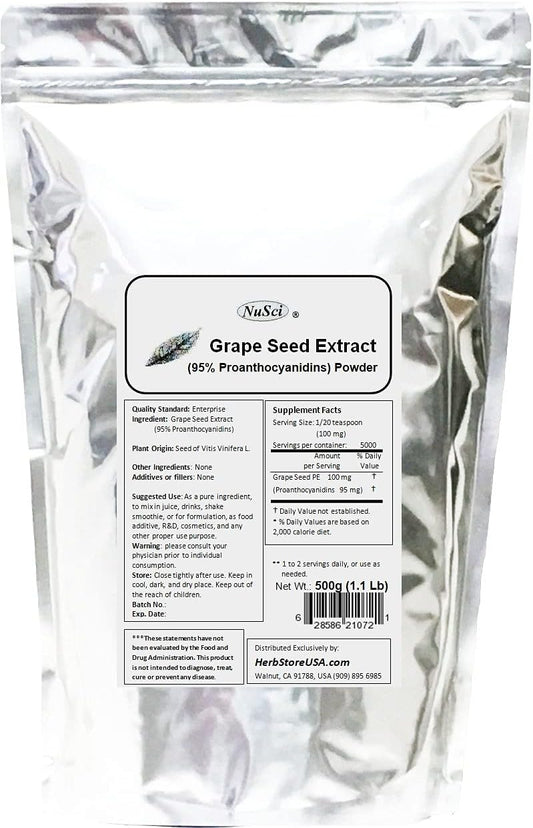 Europe Grown NuSci Grape Seed Extract Powder - 95% Proanthocyanidins OPC - 500g (1.1 lb) - Non-GMO & Non-Irradiated