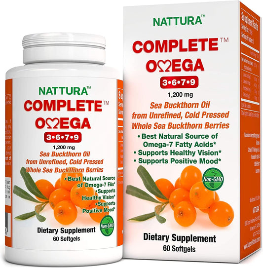 European Quality Nattura Complete Omega 3-6-7-9 Sea Buckthorn Oil Capsules - Non-GMO, Certified Kosher, Gluten-Free - Cold Pressed from Whole Berries