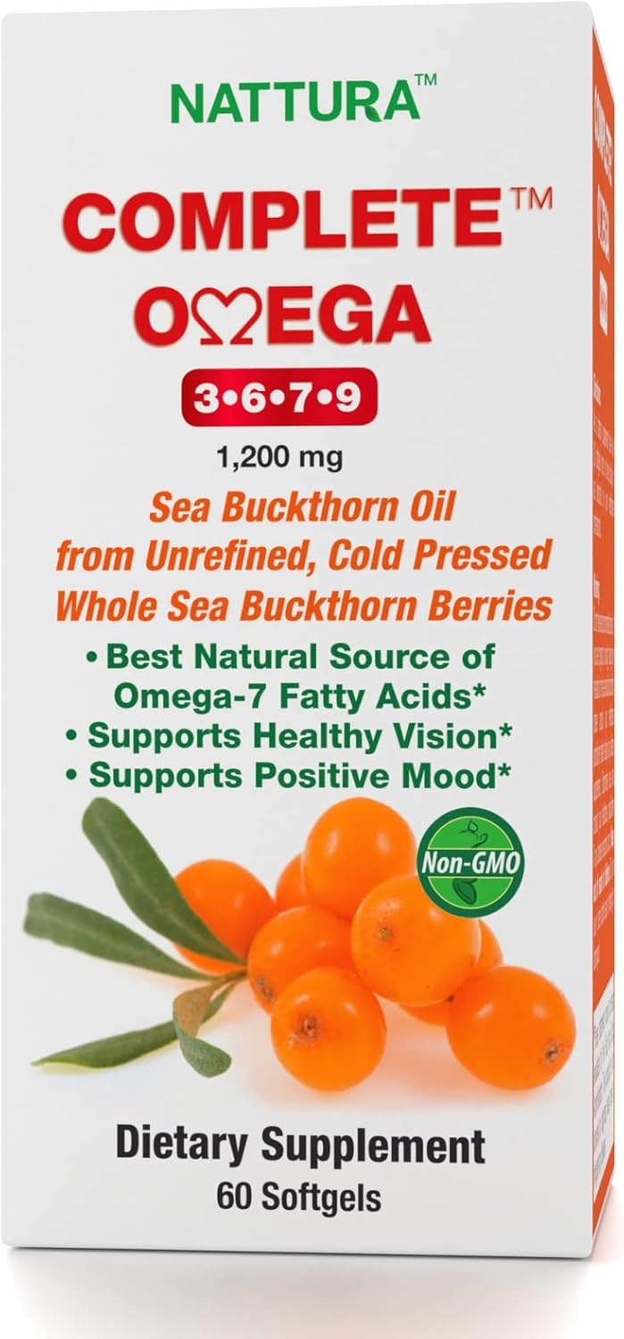 European Quality Nattura Complete Omega 3-6-7-9 Sea Buckthorn Oil Capsules - Non-GMO, Certified Kosher, Gluten-Free - Cold Pressed from Whole Berries
