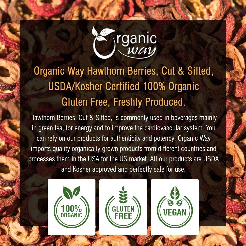 European Wild-Harvest Organic Hawthorn Berries - Cut & Sifted, Non GMO, Gluten Free (1LB/16OZ)