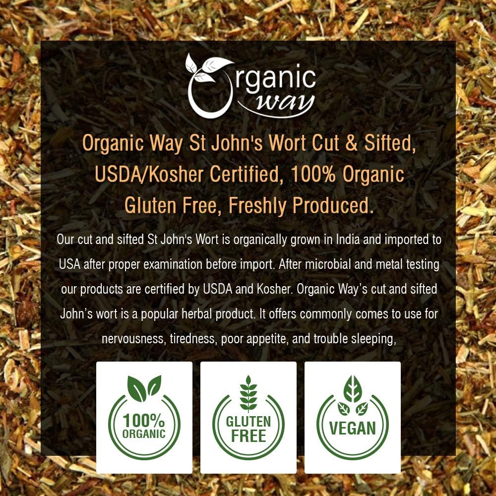 European Wild-Harvest Organic St. John's Wort Cut & Sifted Tea - Albania Origin | Kosher, USDA Certified, Vegan, Non GMO, Gluten Free (1/2LBS / 8Oz)
