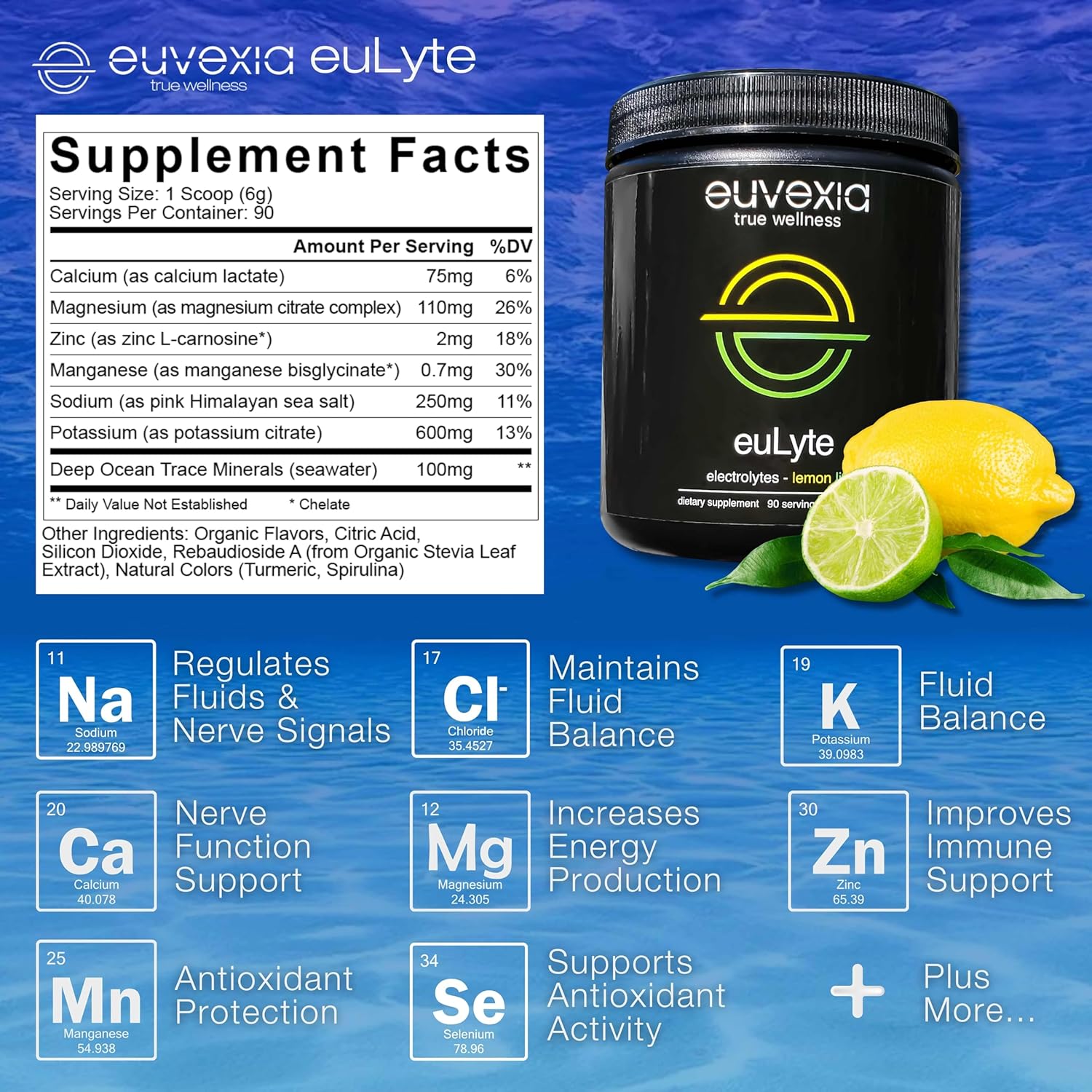 Euvexia euLyte Electrolytes Powder - Zero Sugar Hydration Drink (90 Servings) with Sodium, Calcium, Potassium, Magnesium, Trace Minerals, Zinc, Manganese - Keto Fasting Supplement by Dr. Sten Ekberg