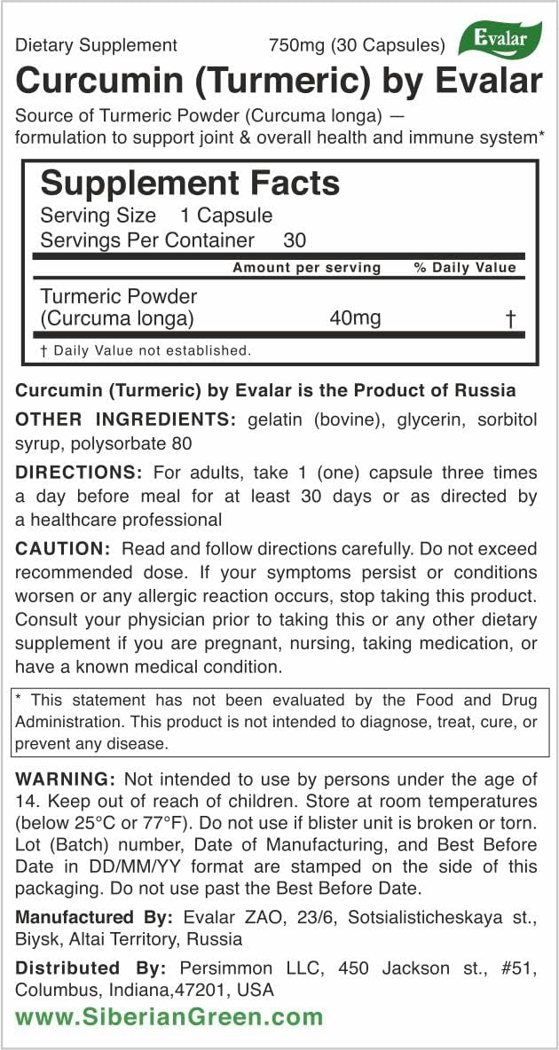 Evalar Turmeric Curcumin 30 Capsules - Organic Anti-Inflammatory Supplement for Joint Health & Immune Support