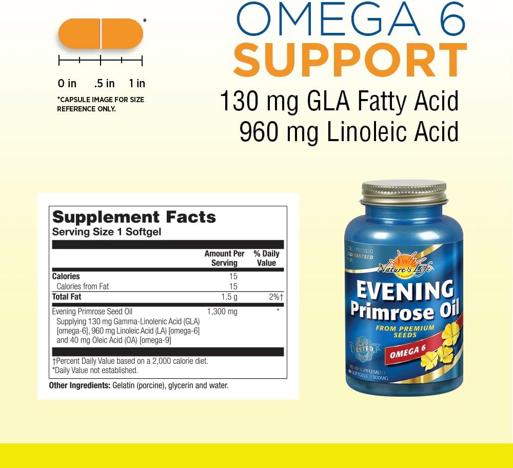 Evening Primrose Oil 1300mg Capsules - Women's Health Support Supplement for PMS, Menopause, and Skin - 60 Count