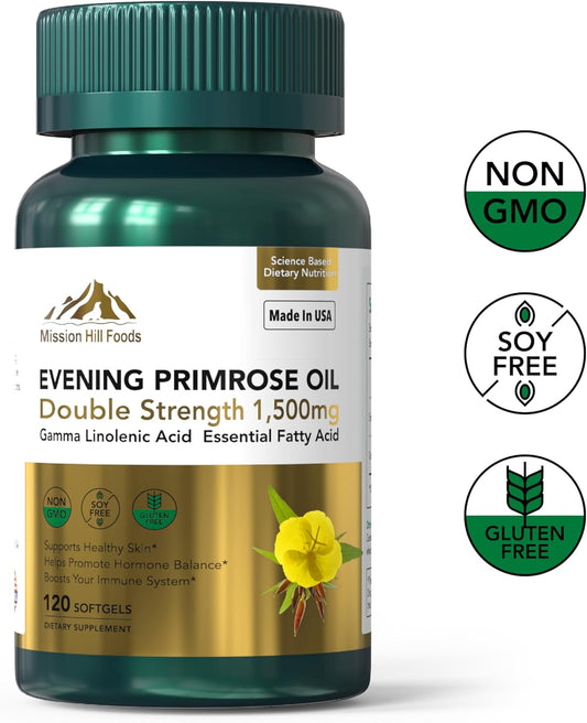 Evening Primrose Oil Softgels - 1500mg High GLA for Hormone Balance & Skin Health - Non-GMO, Gluten-Free - 1 Bottle (120 Softgels)