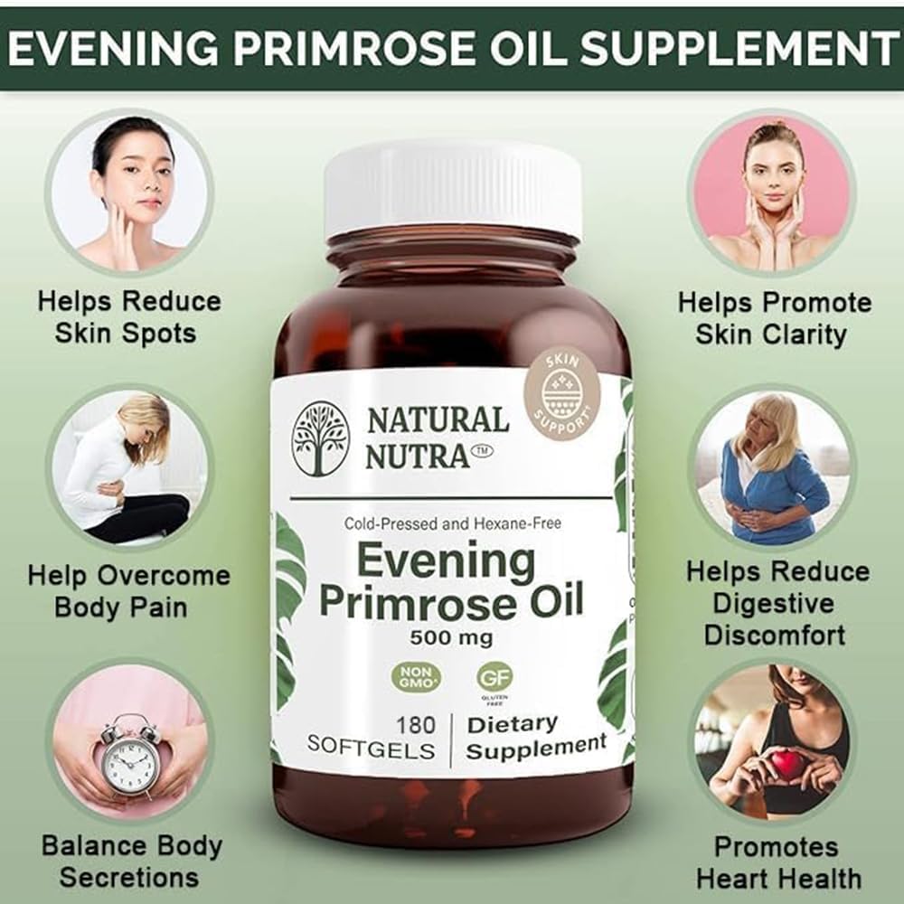 Evening Primrose Oil Supplement for Pain Relief, Nerve & Heart Health, Skin Clarity - 500mg, 180 Softgels
