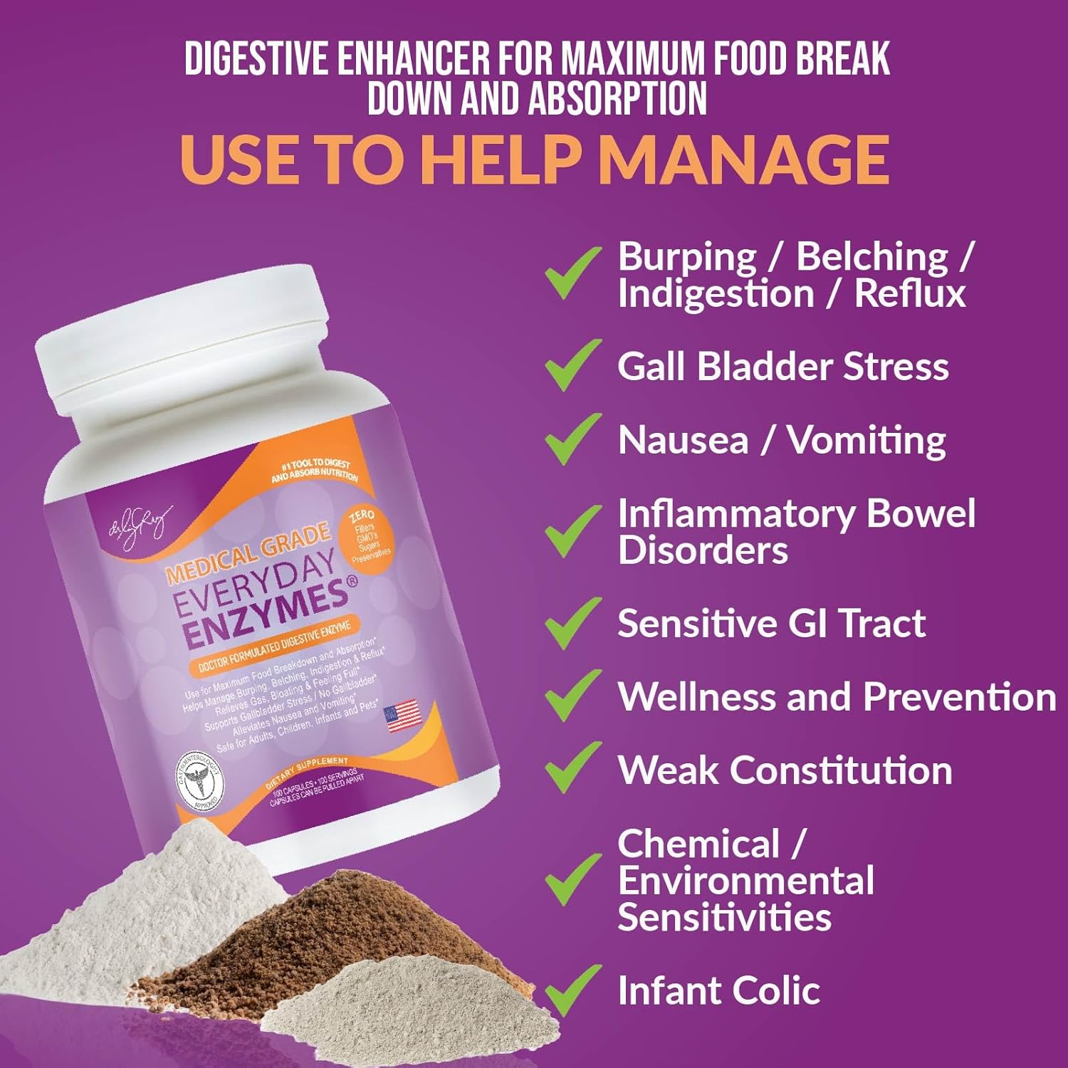 Everyday Enzymes - Digestion Supplement for Bloating, Gas, and Reflux Relief - Non-GMO, 100 Veggie Capsules