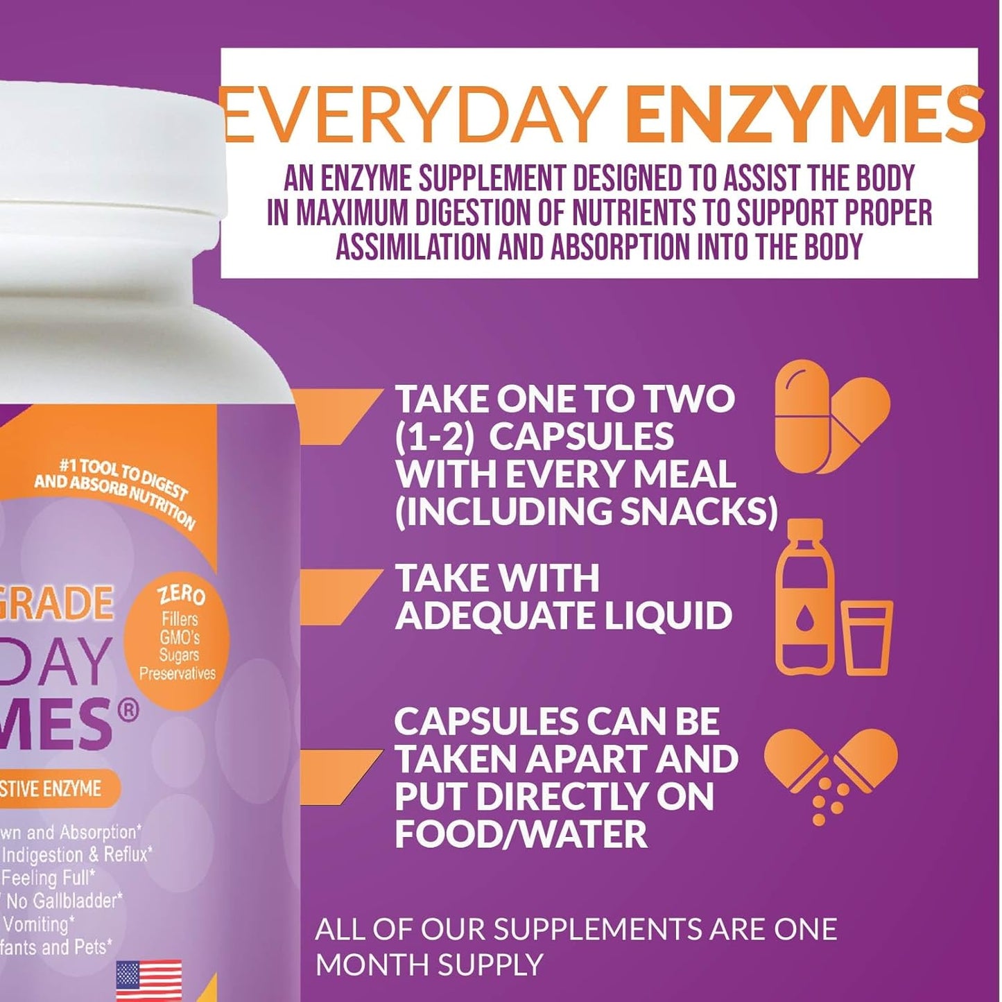 Everyday Enzymes - Digestion Supplement for Bloating, Gas, and Reflux Relief - Non-GMO, 100 Veggie Capsules