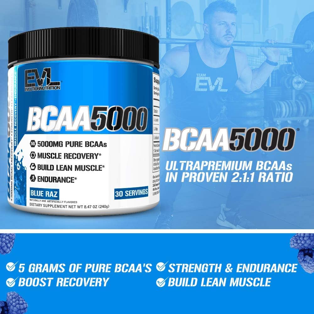 EVL BCAAs Amino Acids Powder - Post Workout Recovery Drink with 5g BCAAs for Men - Blue Raz Flavor