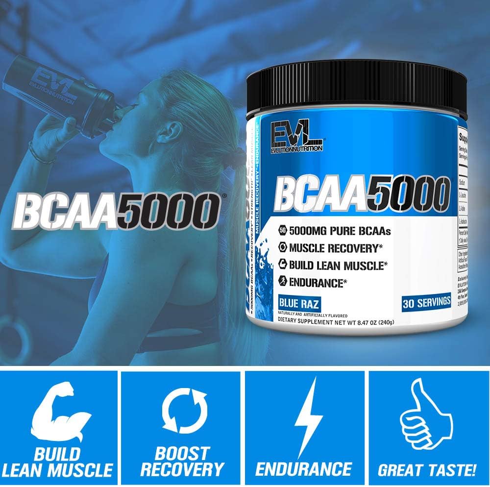 EVL BCAAs Amino Acids Powder - Post Workout Recovery Drink with 5g BCAAs for Men - Blue Raz Flavor