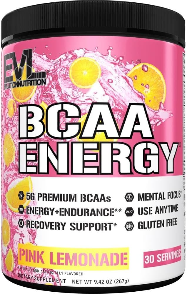 EVL BCAAs Amino Acids Powder for Muscle Recovery & Growth - Pre & Post Workout Drink with Natural Caffeine - Pink Lemonade Flavor