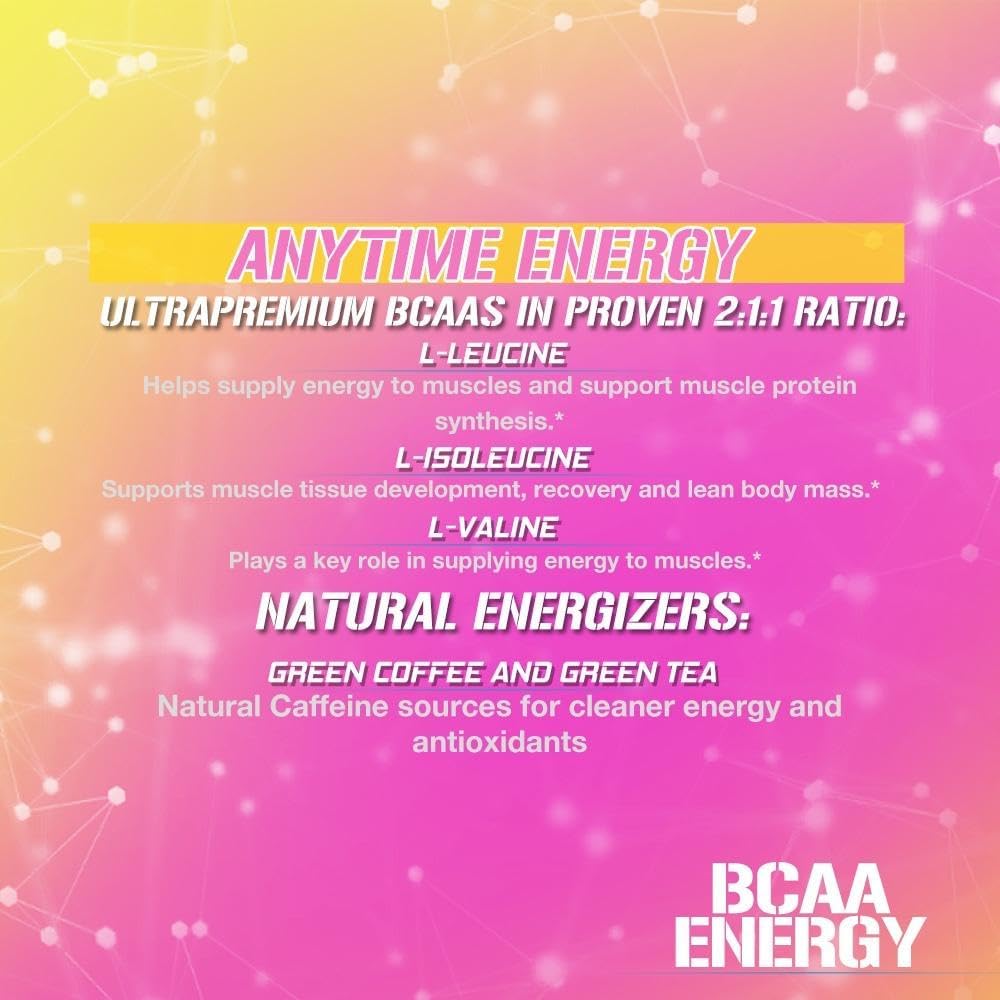 EVL BCAAs Amino Acids Powder for Muscle Recovery & Growth - Pre & Post Workout Drink with Natural Caffeine - Pink Lemonade Flavor