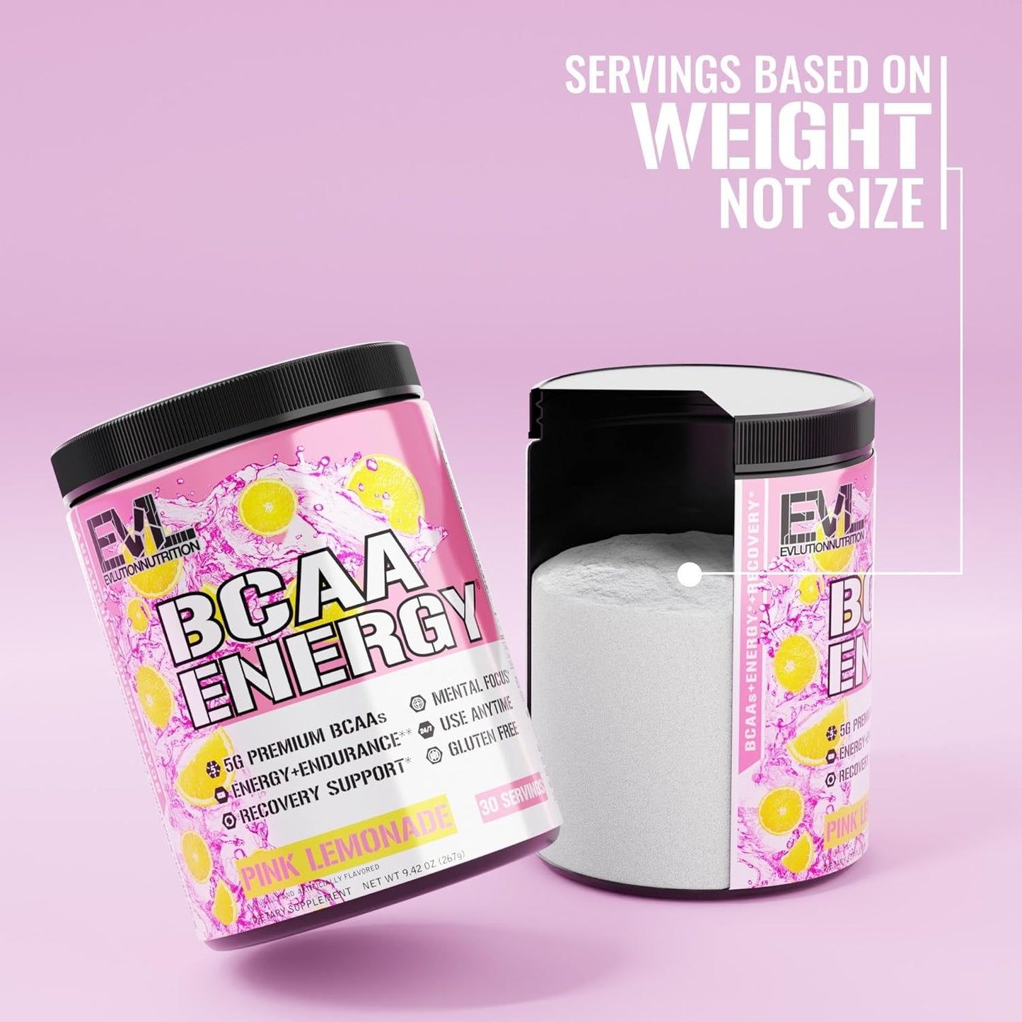 EVL BCAAs Amino Acids Powder for Muscle Recovery & Growth - Pre & Post Workout Drink with Natural Caffeine - Pink Lemonade Flavor