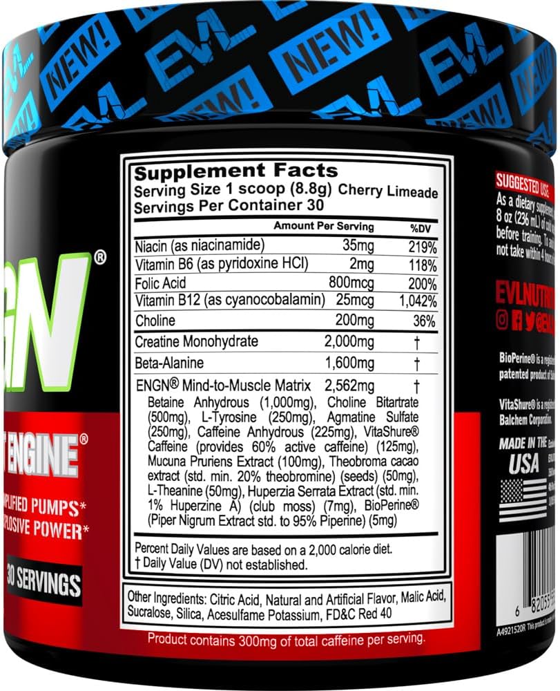 Evlution ENGN Energizing Pre Workout Powder Drink for Men - Cherry Limeade Flavor with Creatine, Beta Alanine, Caffeine, L Theanine for Energy and Recovery