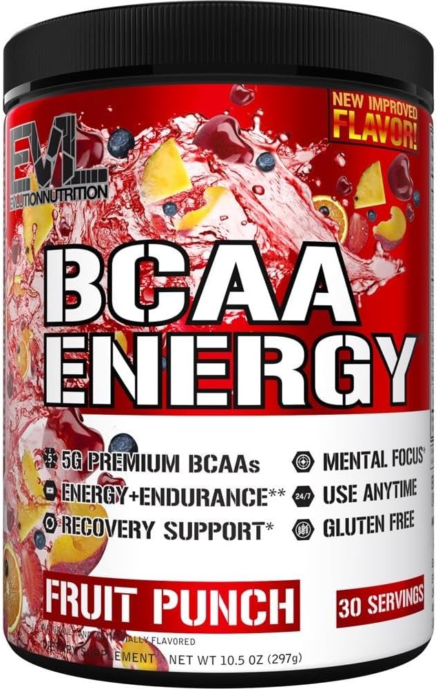 Evlution EVL BCAA Energy Powder for Muscle Recovery and Endurance - Natural Caffeinated Post Workout Drink - Fruit Punch Flavor
