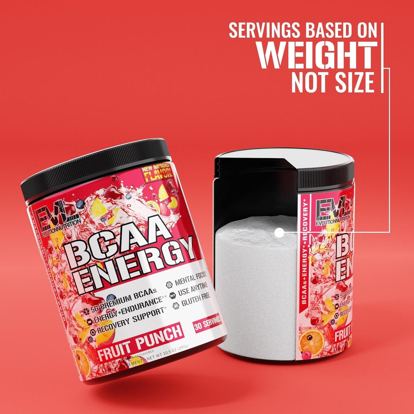 Evlution EVL BCAA Energy Powder for Muscle Recovery and Endurance - Natural Caffeinated Post Workout Drink - Fruit Punch Flavor