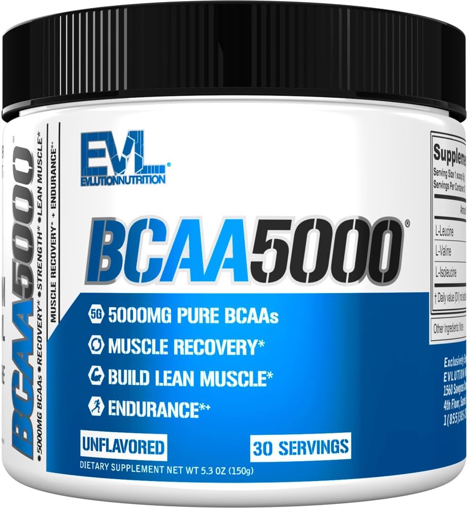 Evlution EVL BCAAs Amino Acids Powder - 5g BCAA Supplement for Men - Unflavored Recovery and Energy Drink