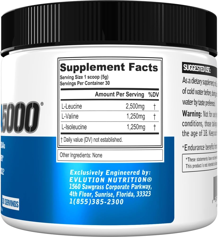 Evlution EVL BCAAs Amino Acids Powder - 5g BCAA Supplement for Men - Unflavored Recovery and Energy Drink
