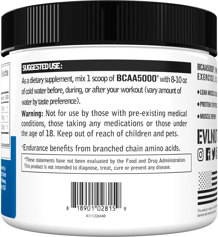 Evlution EVL BCAAs Amino Acids Powder - 5g BCAA Supplement for Men - Unflavored Recovery and Energy Drink