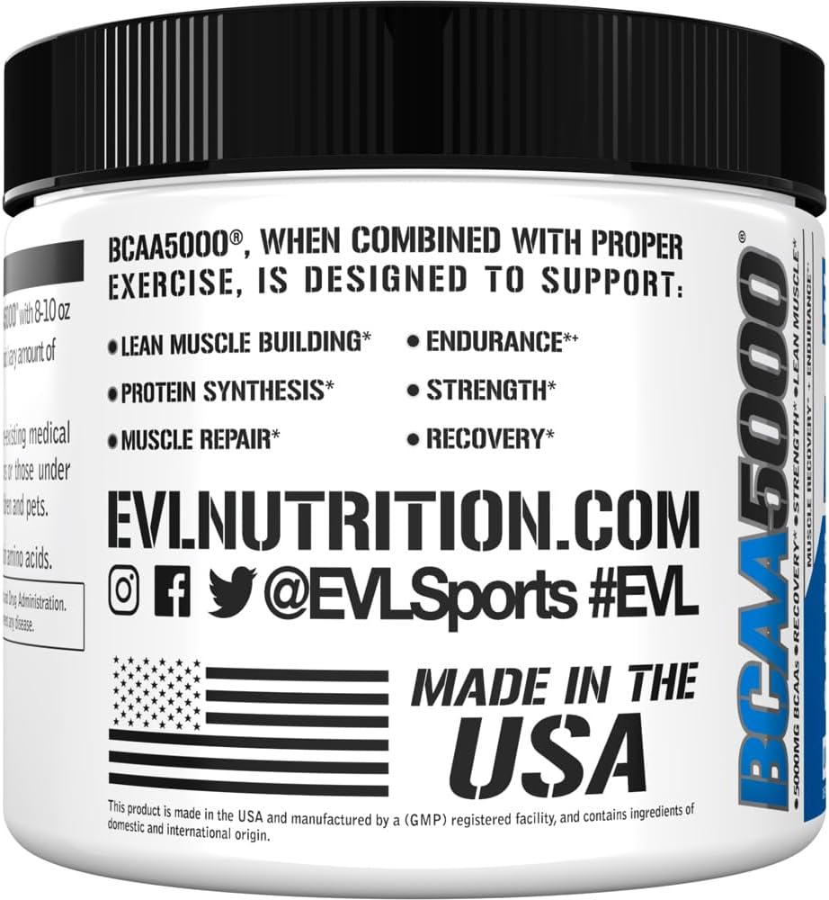 Evlution EVL BCAAs Amino Acids Powder - 5g BCAA Supplement for Men - Unflavored Recovery and Energy Drink