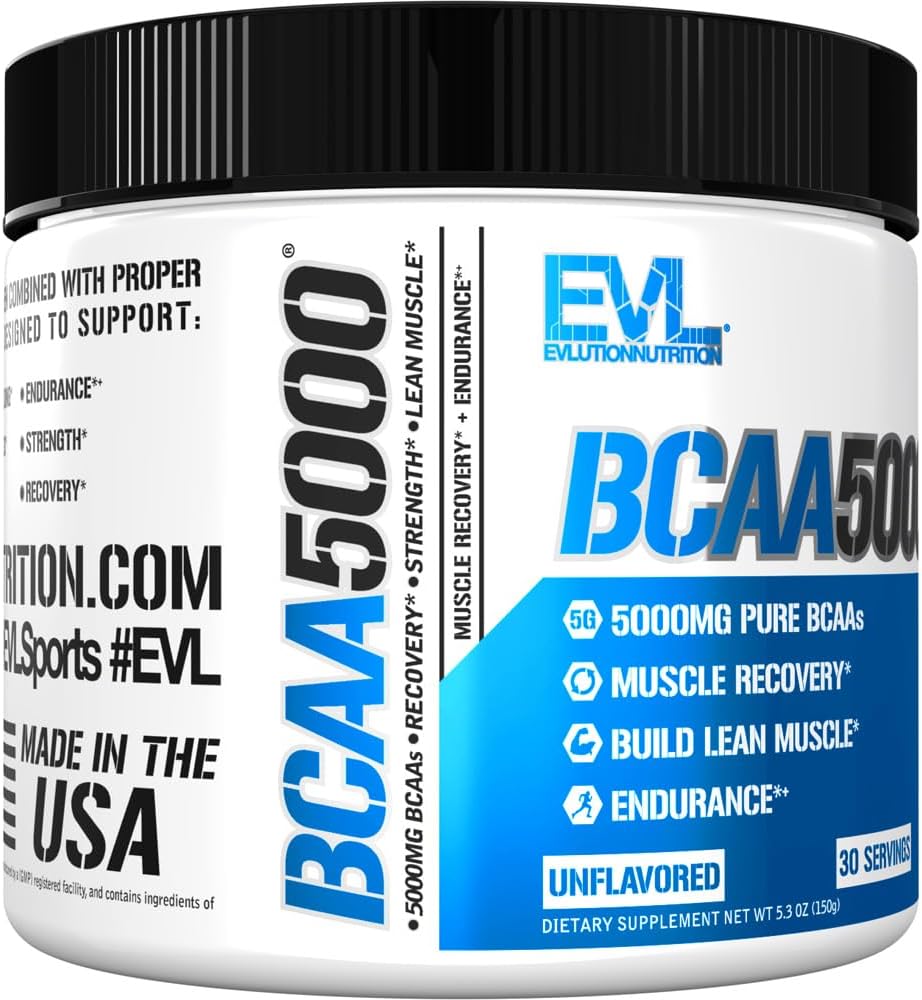 Evlution EVL BCAAs Amino Acids Powder - 5g BCAA Supplement for Men - Unflavored Recovery and Energy Drink