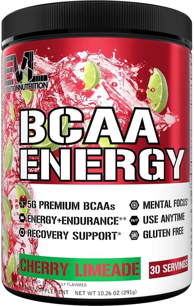 Evlution EVL BCAAs Amino Acids Powder - Cherry Limeade Flavor for Muscle Recovery and Endurance - Pre and Post Workout Drink with Natural Caffeine