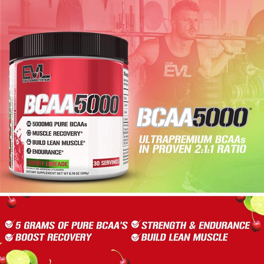 Evlution EVL BCAAs Amino Acids Powder - Cherry Limeade Flavor - Post Workout Recovery and Pre Workout Energy Drink - 5g BCAA Supplement for Men