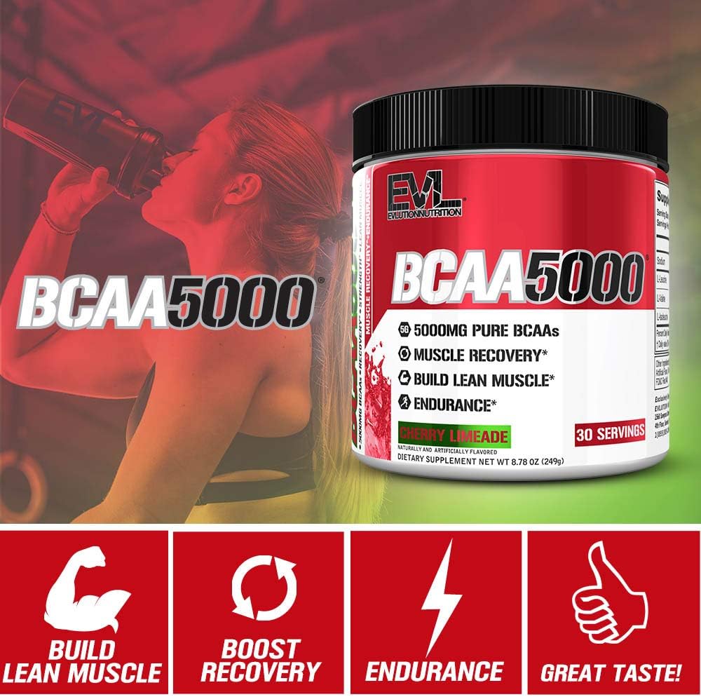 Evlution EVL BCAAs Amino Acids Powder - Cherry Limeade Flavor - Post Workout Recovery and Pre Workout Energy Drink - 5g BCAA Supplement for Men