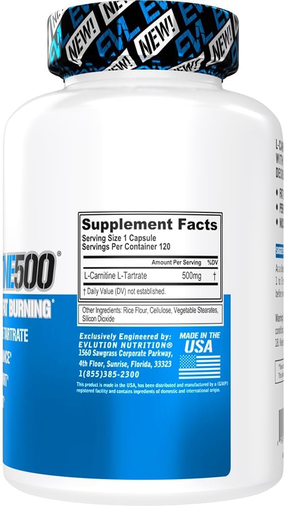 Evlution EVL L-Carnitine 500mg Supplement for Weight Loss & Lean Muscle Growth - 120 Servings