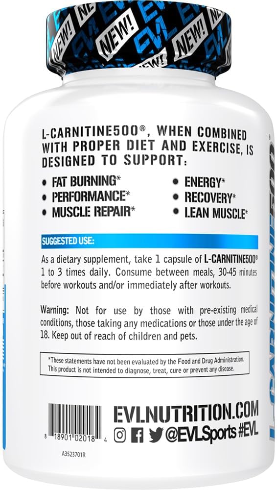 Evlution EVL L-Carnitine 500mg Supplement for Weight Loss & Lean Muscle Growth - 120 Servings