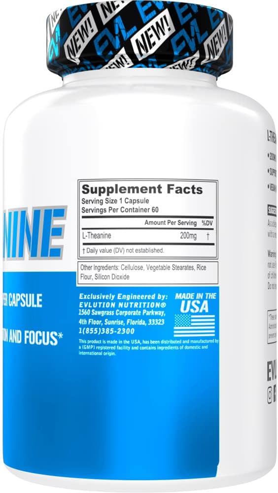 Evlution L-Theanine 200mg Capsules - Nootropic Supplement for Focus, Relaxation, Attention, Energy - Daytime Mood Support