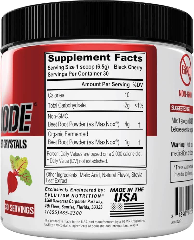 Evlution Nutrition BeetMode Black Cherry Beet Root Powder - Nitric Oxide Booster - Pre/Post-Workout Supplement - Vegan & Gluten Free - 30 Servings