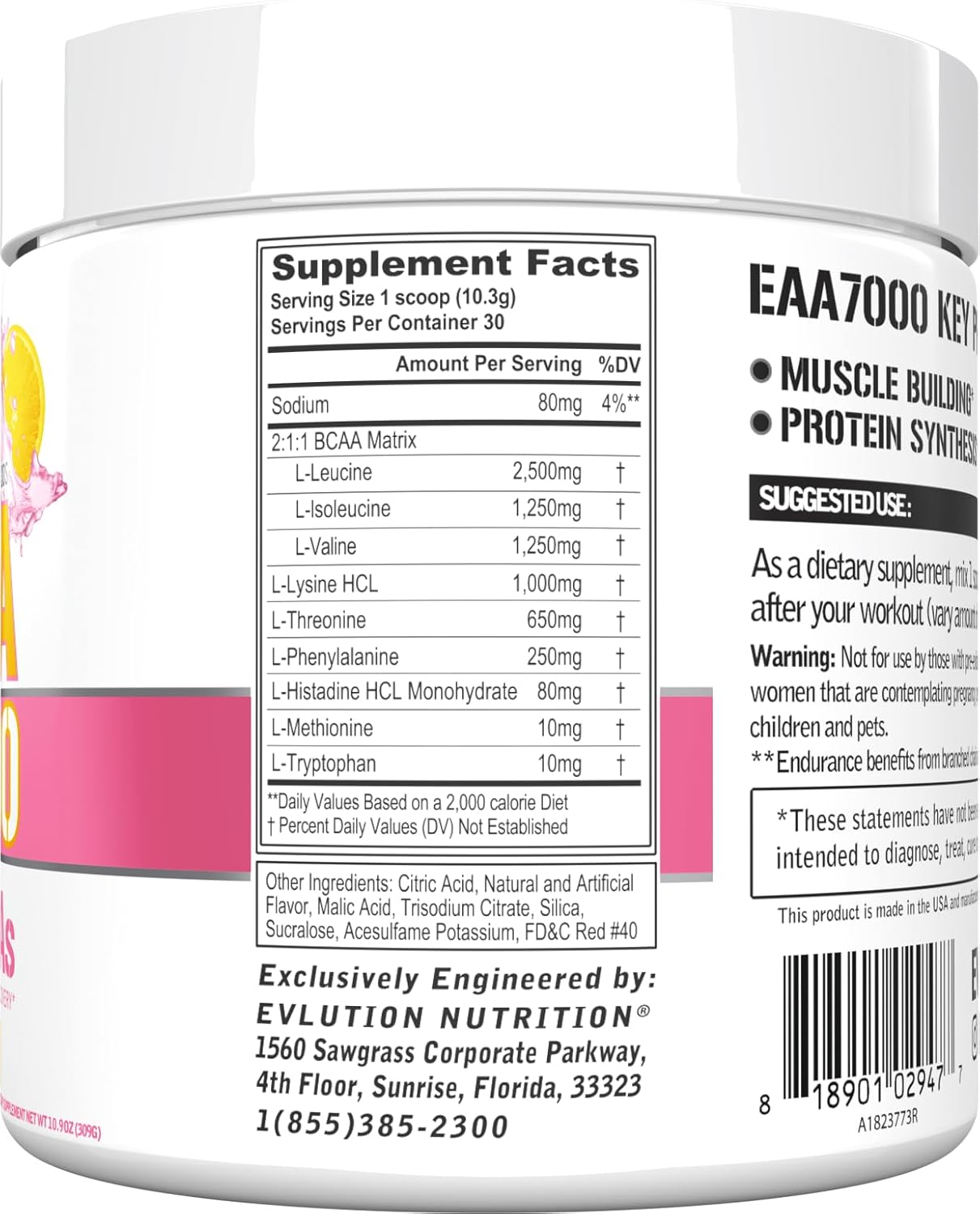 Evlution Nutrition EAA7000 Pink Lemonade Powder - Muscle Building & Recovery Supplement with BCAAs - 30 Servings