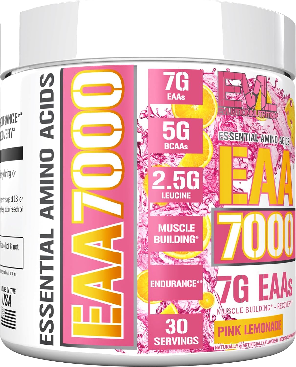 Evlution Nutrition EAA7000 Pink Lemonade Powder - Muscle Building & Recovery Supplement with BCAAs - 30 Servings