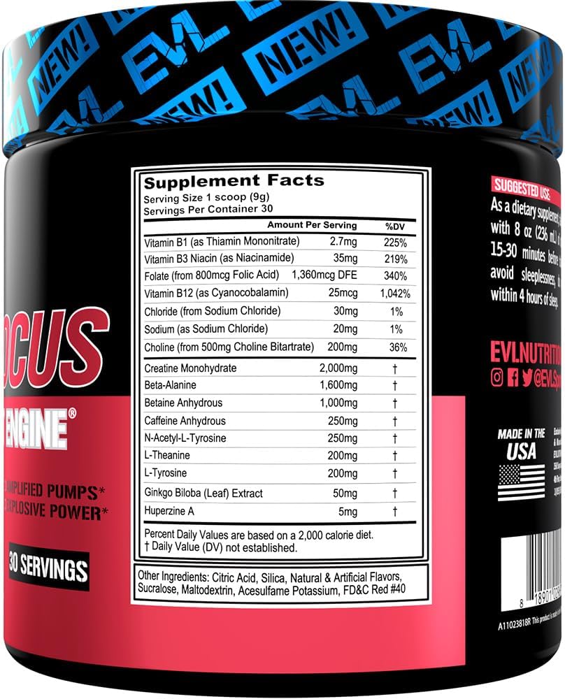Evlution Nutrition ENGN Focus: Intense Pre-Workout Powder with Creatine for Maximum Energy and Focus - Watermelon Flavor - 30 Servings