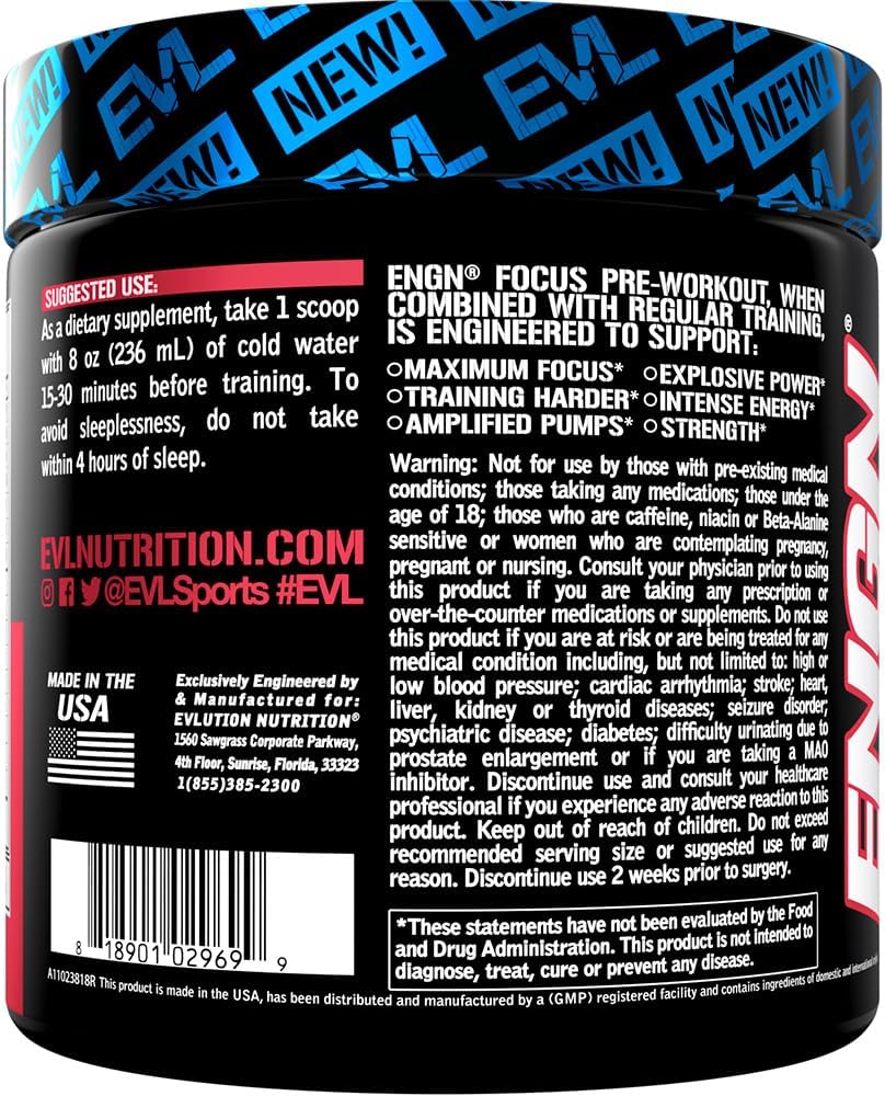 Evlution Nutrition ENGN Focus: Intense Pre-Workout Powder with Creatine for Maximum Energy and Focus - Watermelon Flavor - 30 Servings