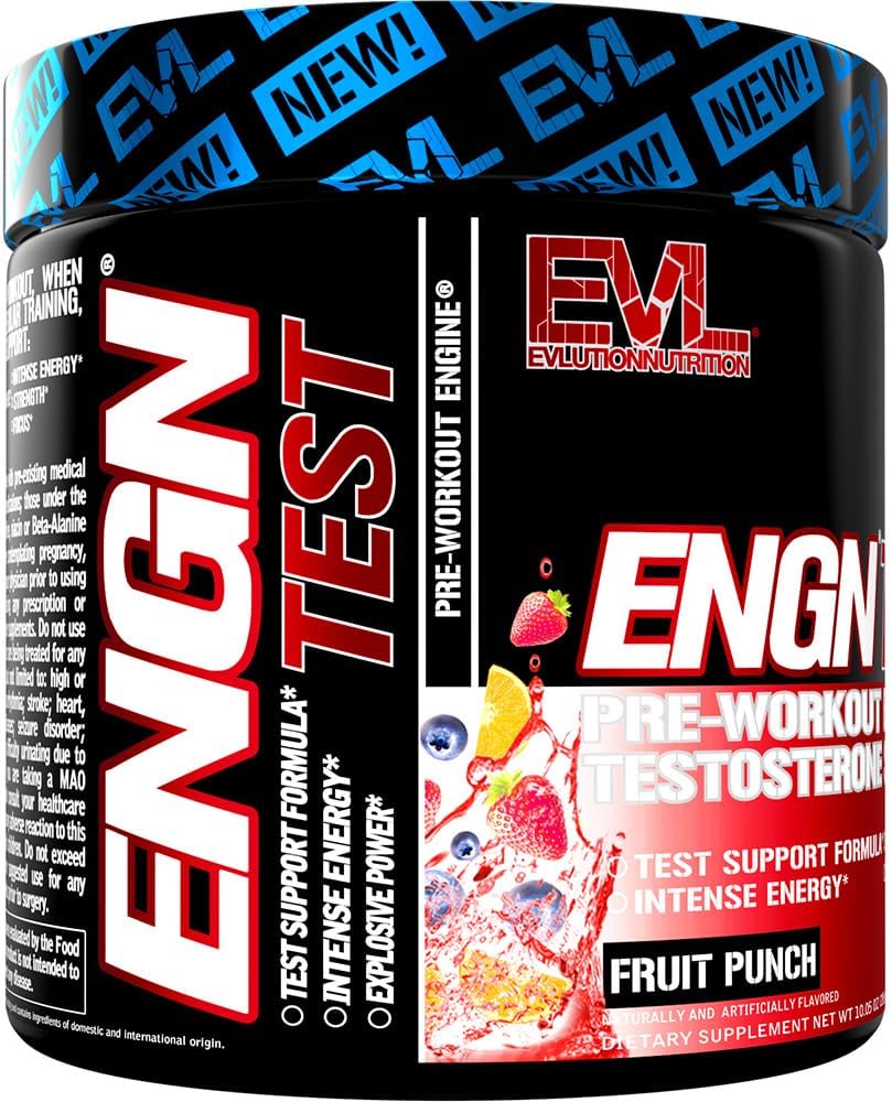Evlution Nutrition ENGN Test Pre-Workout Powder - Test Support Formula - Boost Energy & Focus - with Creatine, Beta-Alanine, & Caffeine - Fruit Punch Flavor - 30 Servings