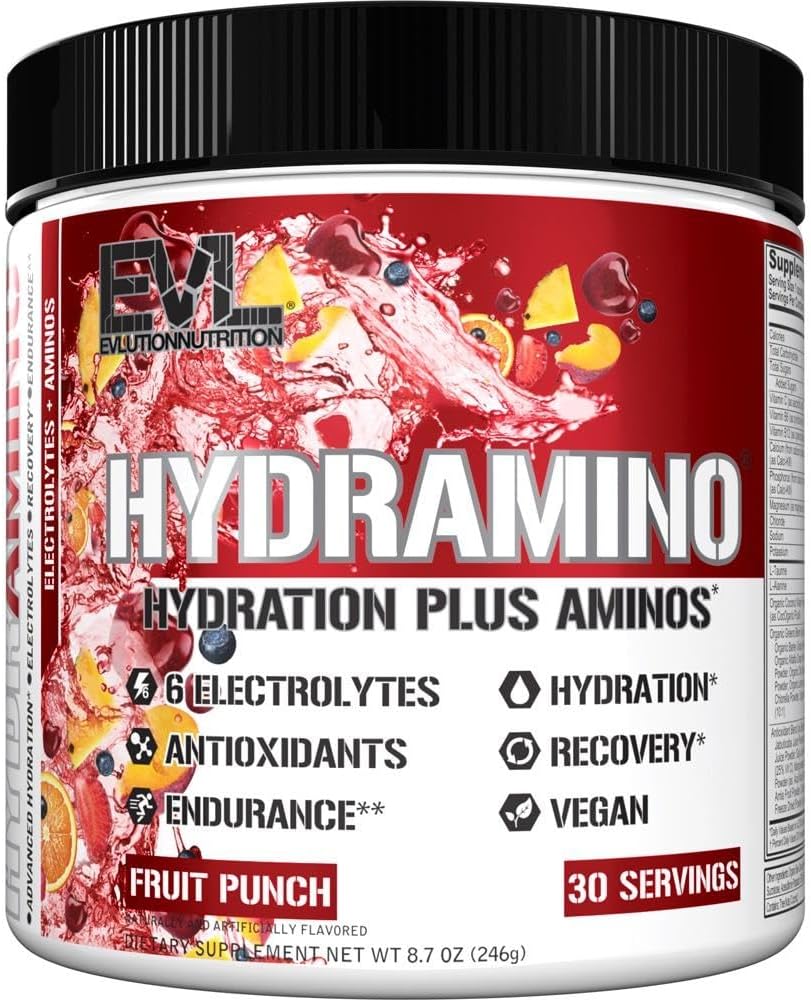 Evlution Nutrition HYDRAMINO Complete Hydration Multiplier with Electrolytes, Vitamins, Aminos, Coconut Water - 30 Servings, Fruit Punch Flavor
