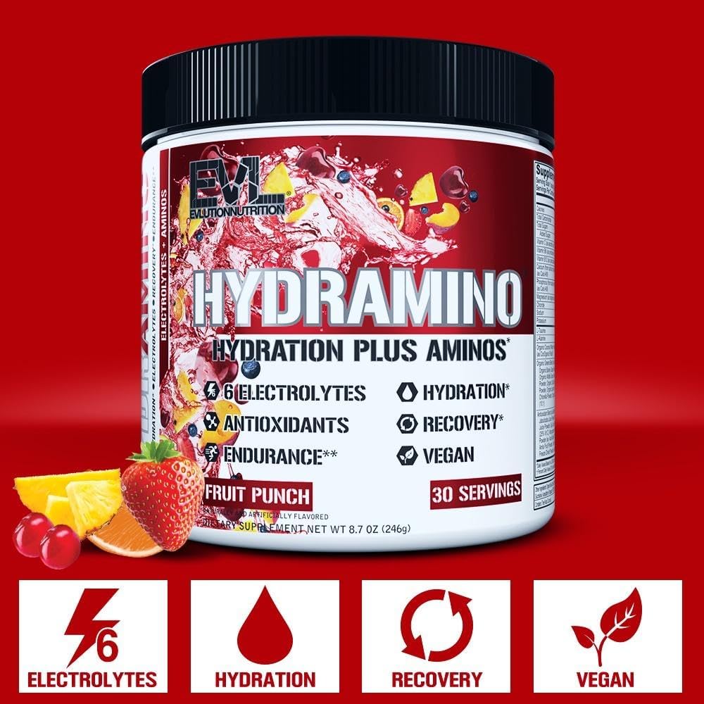 Evlution Nutrition HYDRAMINO Complete Hydration Multiplier with Electrolytes, Vitamins, Aminos, Coconut Water - 30 Servings, Fruit Punch Flavor
