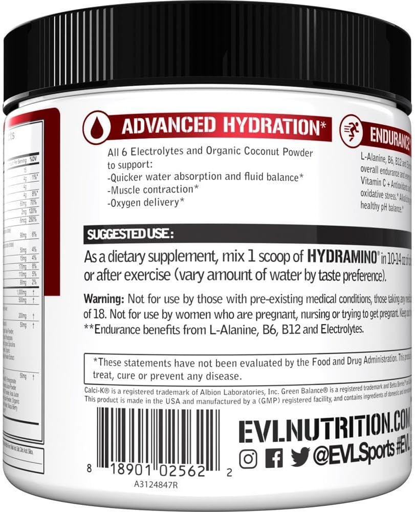 Evlution Nutrition HYDRAMINO Complete Hydration Multiplier with Electrolytes, Vitamins, Aminos, Coconut Water - 30 Servings, Fruit Punch Flavor