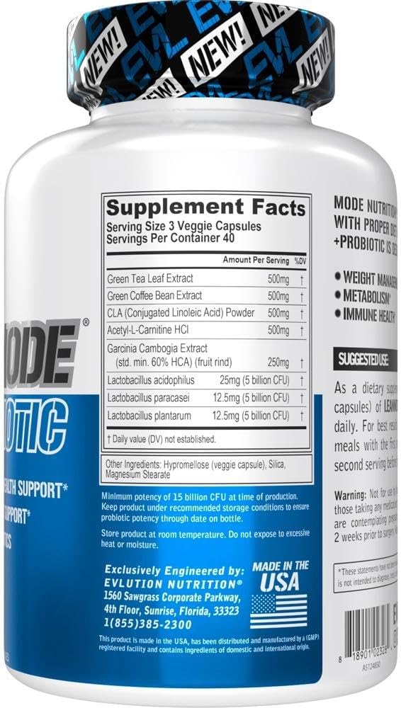 Evlution Nutrition Leanmode + Probiotic Capsules - 15 Billion CFUs for Digestive Support & Gut Health - 40 Servings