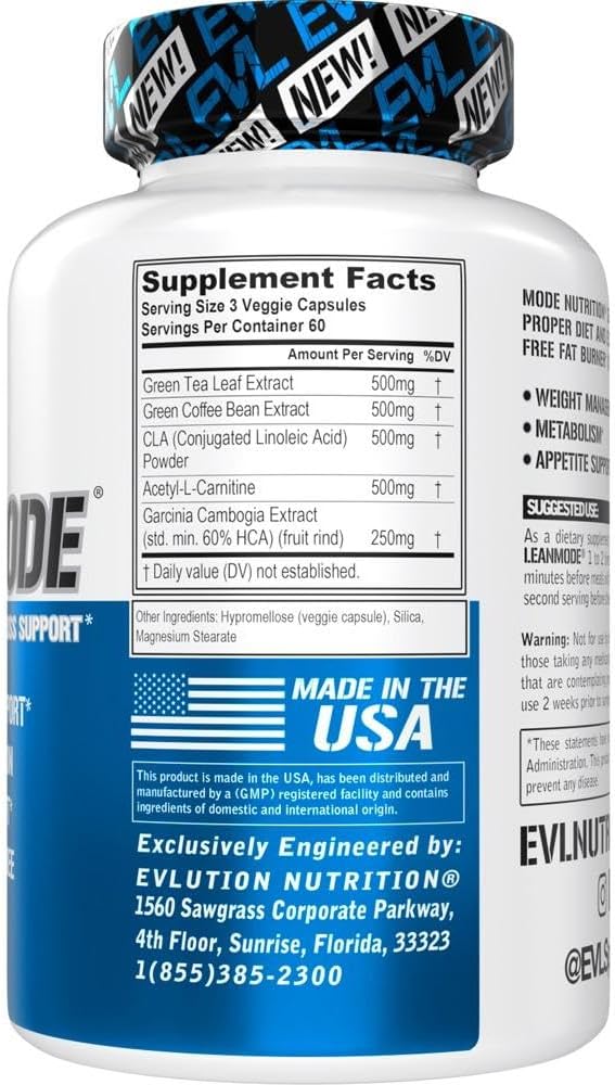 Evlution Nutrition LeanMode Weight Loss Support Pills - Premium Appetite and Metabolism Booster for Men and Women - Includes Green Coffee Bean Extract, CLA, and Garcinia Cambogia - 60 Servings