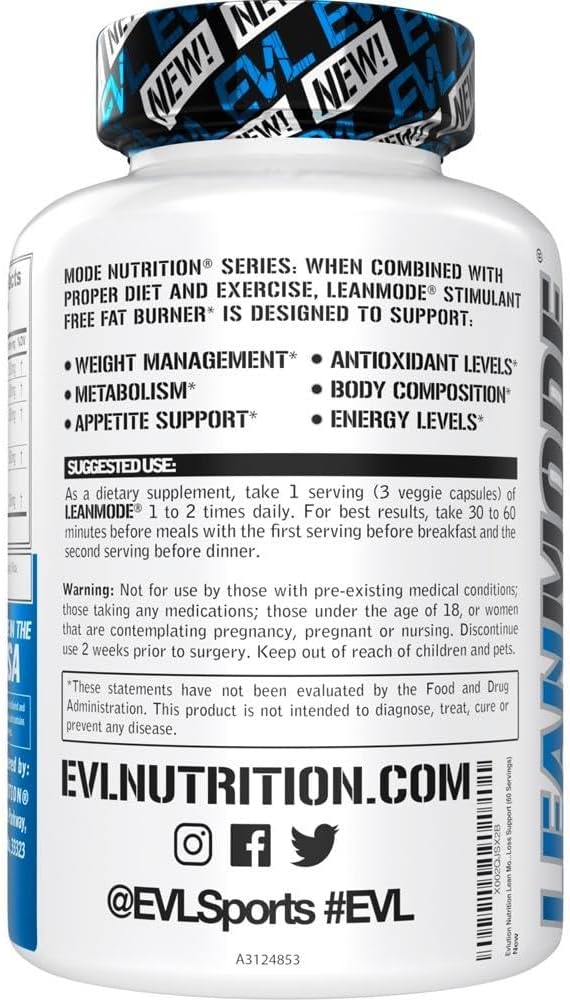 Evlution Nutrition LeanMode Weight Loss Support Pills - Premium Appetite and Metabolism Booster for Men and Women - Includes Green Coffee Bean Extract, CLA, and Garcinia Cambogia - 60 Servings